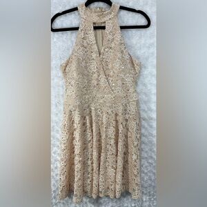 City Studio Womens Juniors Sleeveless Sequiened Lace Champagne Dress